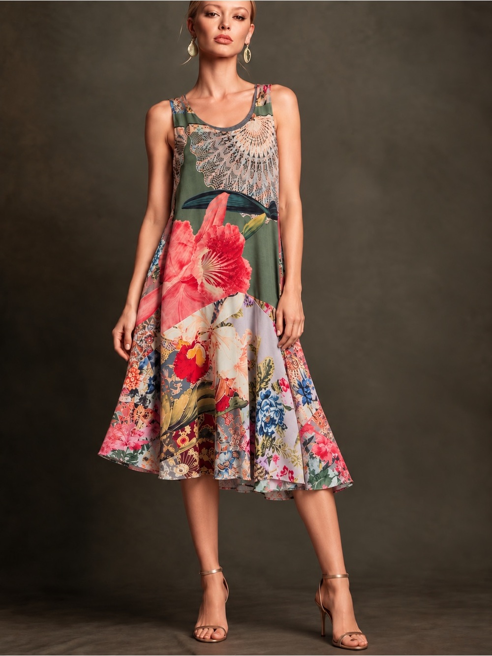 Desigual Lucille Vest XL Multicolor Floral Patchwork Flounce hem colorful Dress